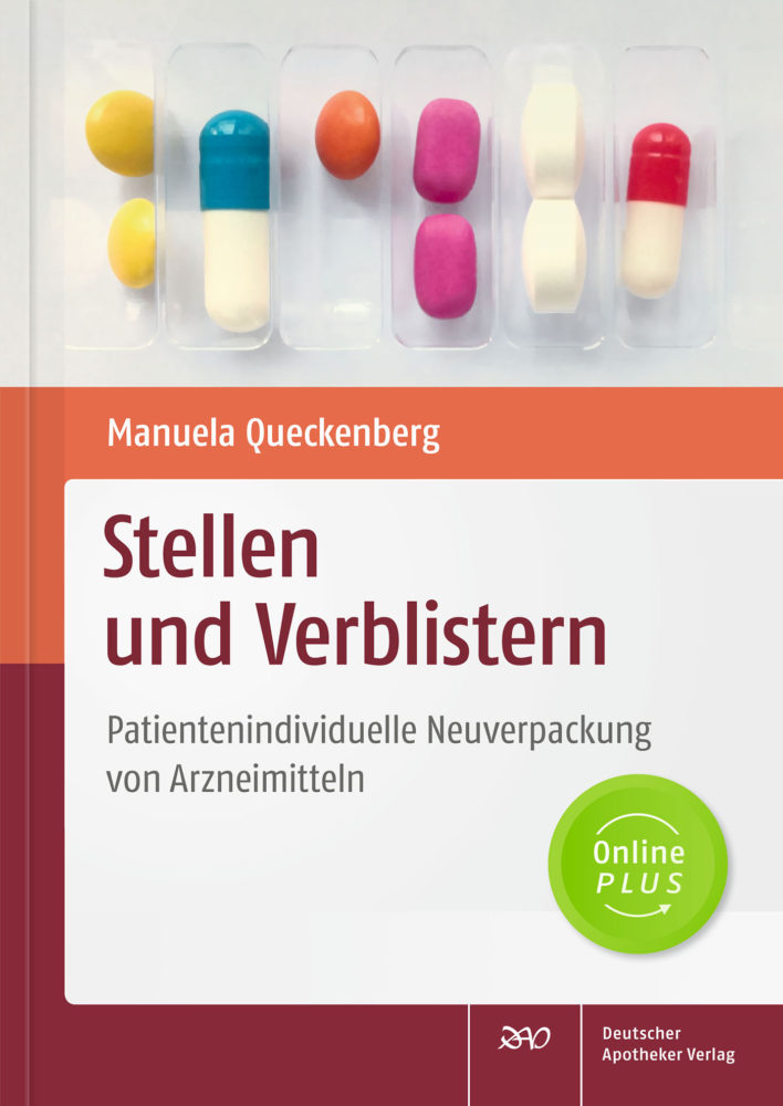 Buchcover mit dem Titel Stellen und Verblistern von Manuela Queckenberg, zeigt bunte Tabletten und Kapseln in einer Blisterverpackung
