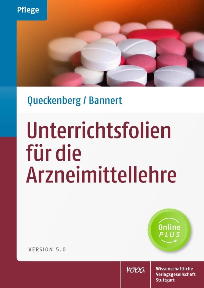 Buchcover mit dem Titel Unterrichtsfolien für die Arzneimittellehre von Queckenberg und Bannert, zeigt Stapel bunter Tabletten